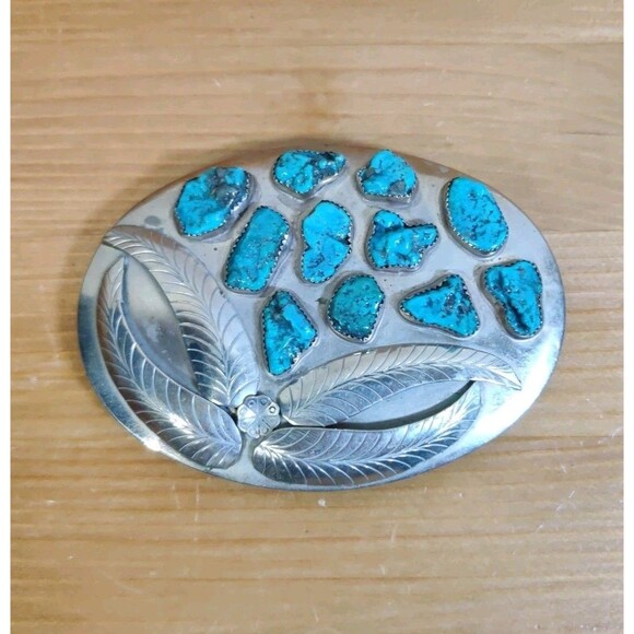 Vtg Native American Turquoise 4 Feathers Silver 4x3" Belt Buckle J Quirino